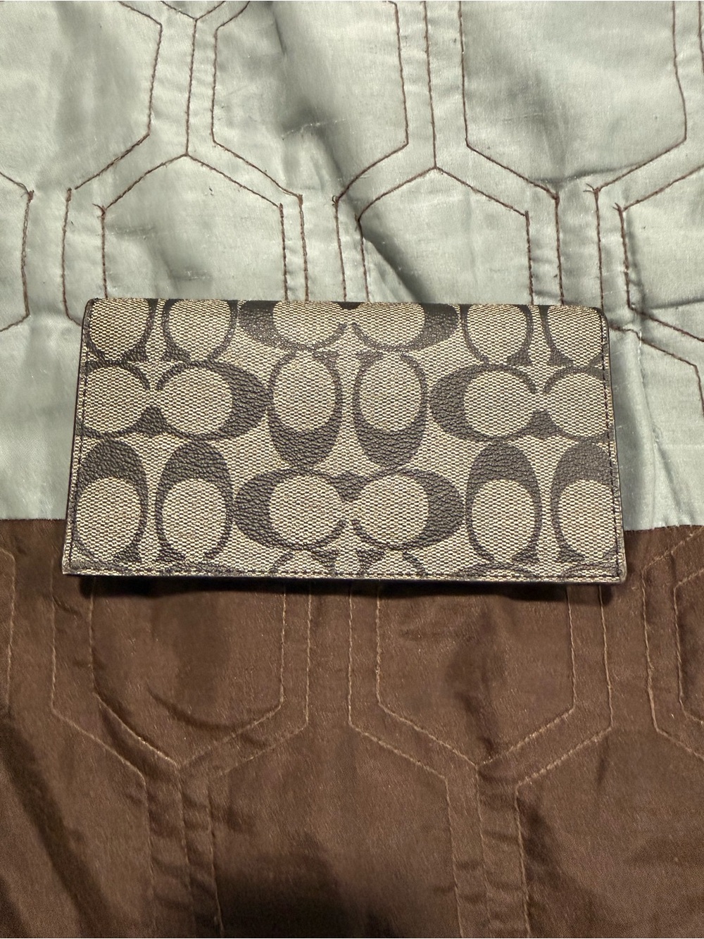 Coach Hampton Signature Checkbook Cover Brown Logo Canvas Leather Pen Holder - Picture 2 of 4